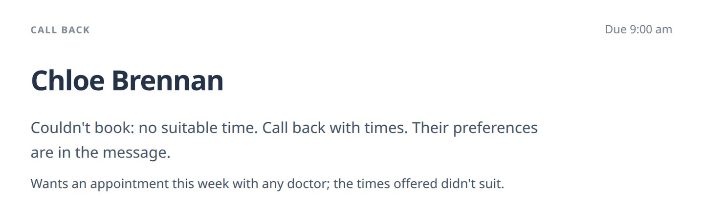 A call-back on the staff page of our made-up demonstration practice: Chloe Brennan. Couldn't book: no suitable time. Wants an appointment this week with any doctor.