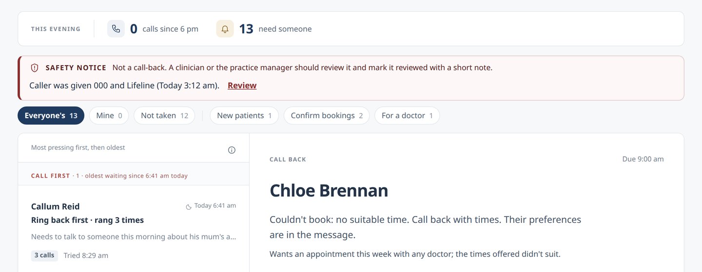 The To do page: a summary of calls that need someone, a safety notice, and the list of call-backs, with Chloe Brennan's call-back open: she couldn't be booked and wants an appointment this week with any doctor.